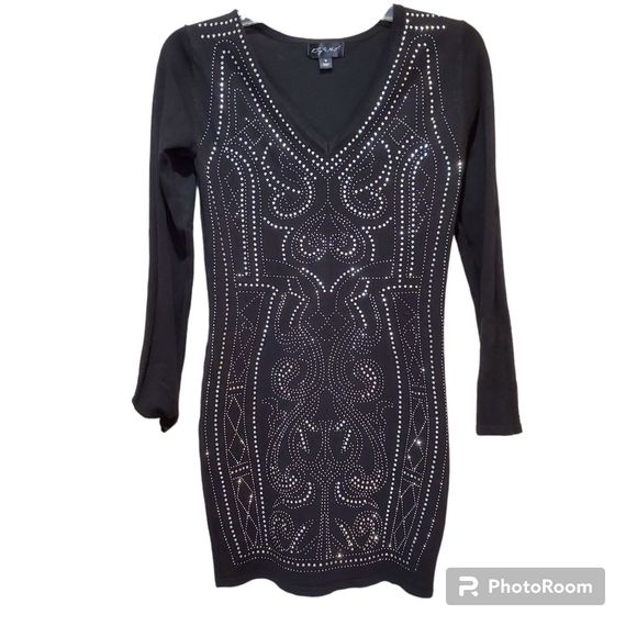 Women's Say What Black Knit Beaded Bodycon Mini Dress Long Sleeve Sz M - Picture 1 of 6